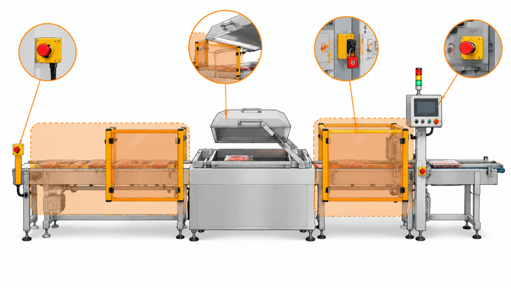 Safety zones and guarding around an automatic vacuum packing line