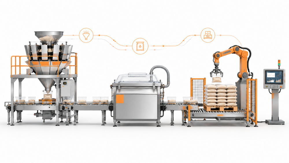 Data flow between machines on an automated granular packing line