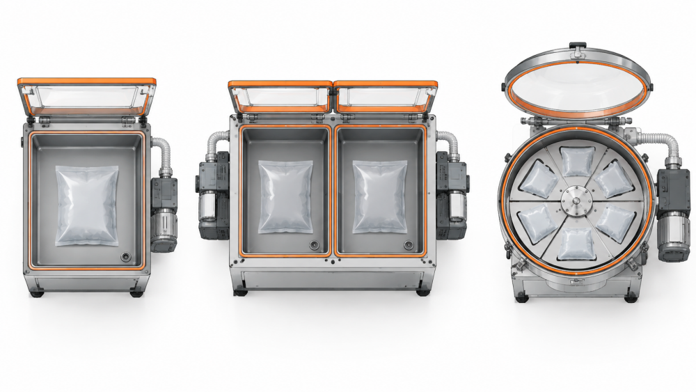 Comparison of single, double and rotary vacuum chamber layouts for packaging lines