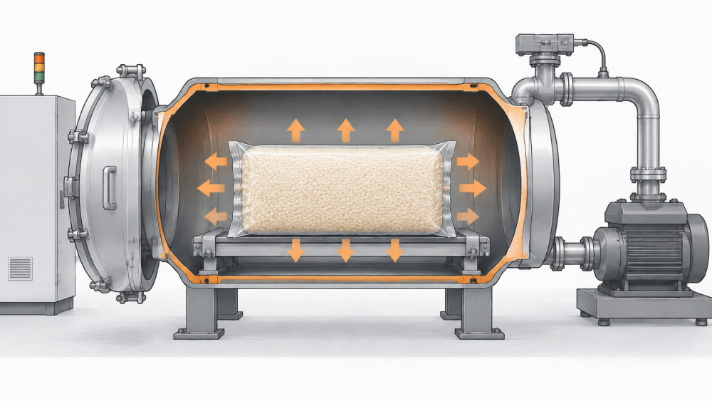 Rice brick under vacuum pressure inside a chamber, cutaway illustration