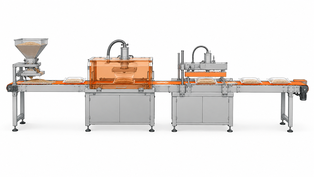 Diagram of vacuum stages positioned along an industrial granular packing line