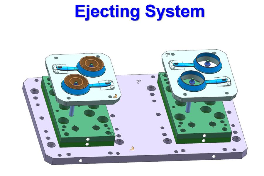 Injection mold ejection system design for stationary and moving mold sections